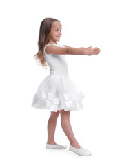 Sticker - Cute little girl in beautiful dress dancing on white background