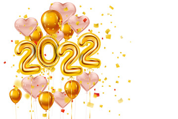 Happy New Year 2022 Gold balloons. Golden foil numerals, pink hearts balloons with, confetti, ribbons, poster, banner. Vector realistic 3D illustration