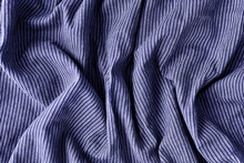Very Peri Color Of The Year 2022. Striped Fabric. Cotton, Bedding, Blue And White Stripes On The Fabric. Texture. Background.