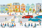 Fototapeta Miasto - Leben in der Stadt, mit Straßenverkehr, Fußgänger und Familien in der Freizeit, Illustration