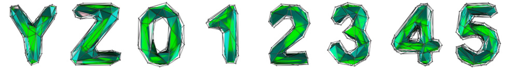 Realistic 3D set of letters Y, Z, 0, 1, 2, 3, 4, 5 made of low poly style. Collection symbols of low poly style green color glass isolated on white background 3d