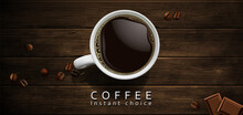 Coffee Advertising Design.White Porcelain Cup With Coffee  On A Wooden Background. High Detailed Realistic Illustration