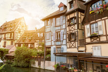 Famous Colmar City View With Little Venice Water Channel Traditional Half Timbered Houses In Alsace , France.Tourist Destination In France.