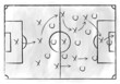 Soccer field with game strategy. Football tactic plan sketch. Coach board. Scheme with hand drawn players, lines and arrows. Vector illustration.