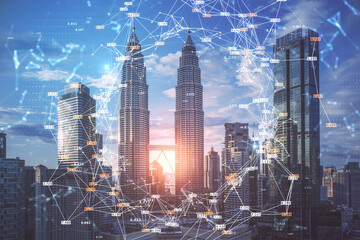 Poster - Creative city image with blue sky and glowing big data connections circle on blurry background. Science, digital network and technology concept. Double exposure.