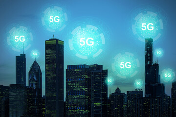 Poster - Creative dark night city background with glowing 5G circuit hologram. Internet speed, ubanization, communication and connection concept. Double exposure.