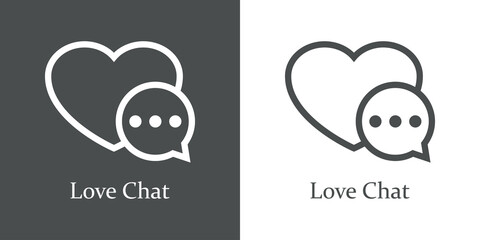 Poster - Logotipo con texto Love Chat con burbuja de habla en corazón con líneas en fondo gris y fondo blanco