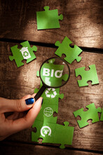 Woman Holding Magnifying Glass Over Bio Text On Green Puzzle Piece