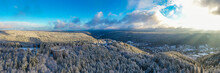 Germany, Baden-Wurttemberg, Bad Wildbad, Aerial View Of Black Forest Range At Winter Sunrise With Town In Background