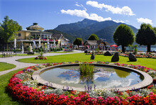Austria, Salzburg, Saint Gilgen, Pond Surrounded By Blooming Flowers In Public Park