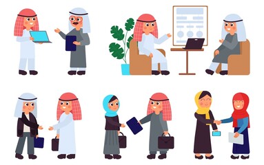 Sticker - Arab business people. Arabic office characters, islamic teamwork. Isolated managers meeting, muslim saudi man woman working decent vector scenes