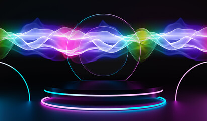 Wall Mural - black podium with glowing neon ring. modern 3d rendering for product display presentation