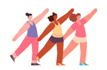 Canvas Print - Stretching class. Women sport, pilates or yoga training. Diverse girls group, young female characters workout. Cute flat sporting people vector set