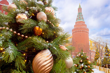 Wall Mural - Moscow Kremlin. Russia landmarks. Christmas trees on Red Square bud New Year's decorations in Moscow. Travel to winter capital. Christmas landscape of city of Moscow. Russian Federation tour