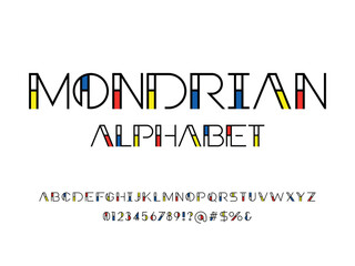 Fototapete - Mondrian art style alphabet design with uppercase, numbers and symbols