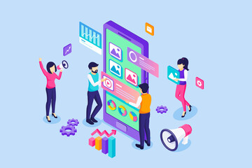 Digital Marketing concept. People work near a giant smartphone and content text place. Content marketing, Optimization, Promotion, Working process, and Teamwork. Isometric Vector Illustration