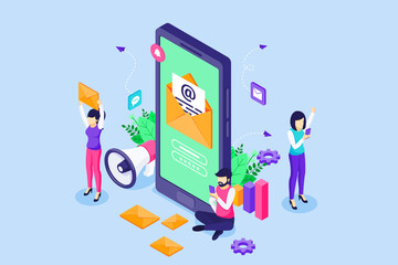 Poster - Email Marketing campaign concept, newsletter marketing and business promotion via mobile phone with people characters working near a big smartphone. Isometric Vector Illustration