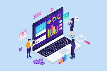 Fototapete - Business team is monitoring charts and diagrams on a big laptop. Business Data Analysis and statistical, Consulting, Financial reports and investments. Isometric Vector Illustration