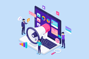 Poster - Digital Marketing concept. business people characters work near a giant laptop with graph charts and diagrams. Planning Business Strategy. Isometric Vector Illustration