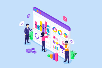 Fototapete - Data analysis and statistics concept. Business people team working on-screen graphic dashboard with charts and diagrams financial reports and investments. Isometric Vector Illustration