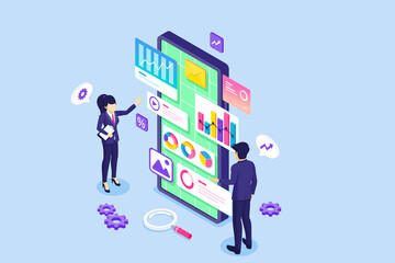 Poster - Business data analysis concept. Businessman and Businesswoman are monitoring charts and diagrams financial reports and investments on a big mobile phone. Isometric Vector Illustration