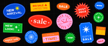 Set Of Shopping Stickers Retro Design. Cool Sale Label Badges. Trendy Free Shipping, New Look, Big Sale, Best Price Banners Pack. Vector Illustration.