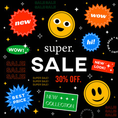 Sticker - Special Offer Super Sale Banner Vector Design. Hipster background with promo label stickers.