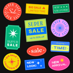 Aufkleber - Set Of Retro Sale Badges Vector Design. Cool Trendy Shopping Stickers Pack. Super Sale, Shopping Time and New Collection Labels.