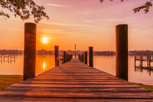The Golden Colors Of Nature As The Sunrise Over The Sebastian River At A Private Pier In Little Hollywood, Micco, Florida