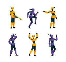 Poster - Human cyborg. Robot female and male in action poses training humanoid digital soldier garish vector cartoon characters