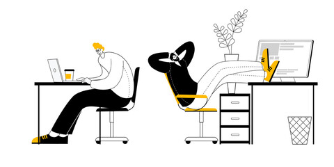 Aufkleber - Two men are sitting at desks in an office among flowers and working at computers. Vector illustration in the style of outline on the topic of computer work and workspace.