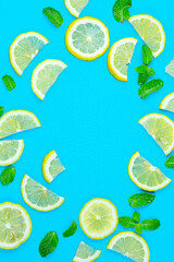  Fresh lemon pattern on a bright color background flat lay