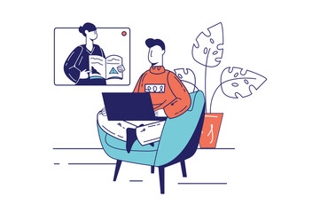 Aufkleber - Distance learning concept in flat line design for web banner. Student watching video lecture or webinar at laptop, online education, modern people scene. Vector illustration in outline graphic style