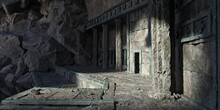 Photorealistic 3D Illustration Of A Ruins Of The Sacred Temple In A Rays Of Sunlight. Beautiful Natural Wallpaper. Mystic Ancient Scene. 