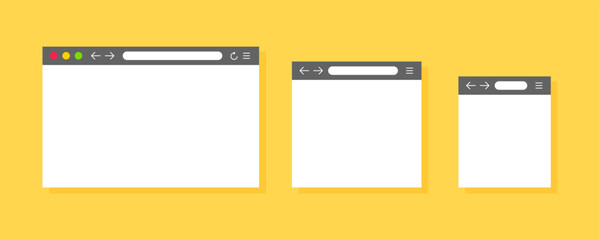 Web browser set. Browser mockup for website. Computer, tablet, phone sizes. Empty browser window. Web page user interface. Internet empty web landing page concept with search bar and buttons.
