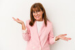 © Asier - Middle age caucasian woman isolated on white background confused and doubtful shrugging shoulders to hold a copy space.