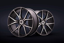 Forged New Alloy Wheels On A Blue Black Background. Cool Sports Wheels Wheels With Thin Spokes Auto Tuning Light Weight, Tire Shop Or Motorsport Design