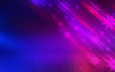 Poster - Winter abstract, blurred background with bokeh. Blurry night city lights in reflection on a snowy road. Neon light, falling snow, snowflakes. 3d illustration