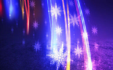 Poster - Winter abstract, blurred background with bokeh. Blurry night city lights in reflection on a snowy road. Neon light, falling snow, snowflakes. 3d illustration