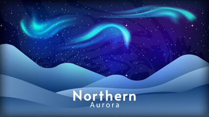 Dark view northern aurora and mountains. Bright lights, stars in the sky. Vector illustration. Vector panoramic. Color lights at night landscape. 