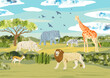 Africa. Savanna landscape with animals. Nature hand draw vector Illustration with elephant, gazella, rhino, giraffe, zebra, lion, birds, tree and bushes. Set for touristic, safari, zoo and book