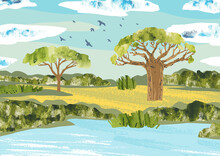 Africa. Savanna Landscape. Vector Baobab, Acacia Tree And River.  Reserves And National Parks Outdoor. Bright Hand Draw Vector Illustration With Trees River, Grass, Bushes And Blue Sky