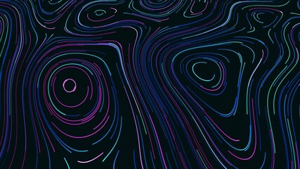 Poster - Topographic map of neon lines. Motion. Slowly moving colored lines in stream creating ornament with curved ovals. Topographic retro ornament with neon lines in stream