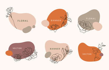 Wall Mural - Vector set of liquid organic forms and badges set with monoline plants, leaves. Flowing shapes banners. Use for logo, branding, web design, social media post