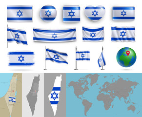 Wall Mural - israel flags of various shapes and geographic map set. israeli realistic flags, glossy buttons in pa