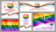 17 st of May International event festive banners set. Holiday against Homophobia, Transphobia and Biphobia card, poster with text inscription and rainbow heart shaped flag vector illustration