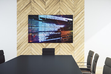 Poster - Abstract programming language hologram on presentation monitor in a modern boardroom, artificial intelligence and machine learning concept. 3D Rendering