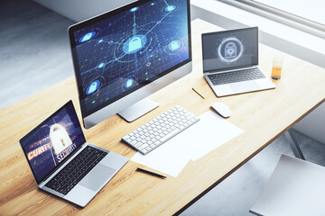 Poster - Creative lock sketch with chip hologram on modern computer monitor, protection of personal data concept. 3D Rendering