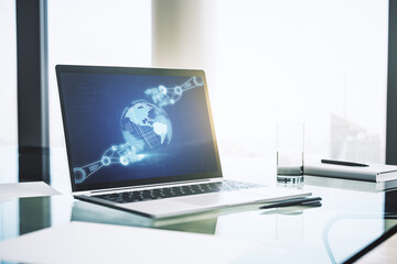 Aufkleber - Creative concept of robotics technology with globe sketch on modern laptop screen. Robot development and automation concept. 3D Rendering