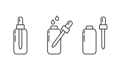 Fototapete - Dropper bottle with serum or oil, linear icons set. Cosmetic product in vial with pipette. Outline simple vector. Contour isolated pictogram on white background